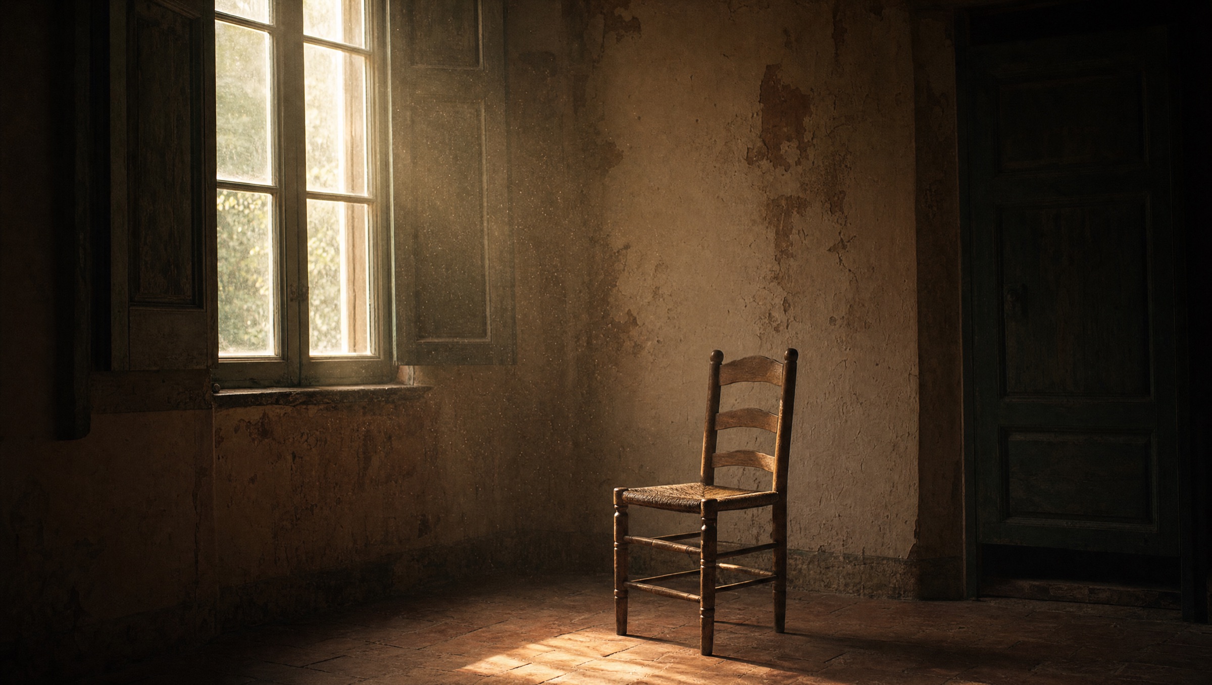 An empty wooden chair beside a tall window in a quiet room at first light.
